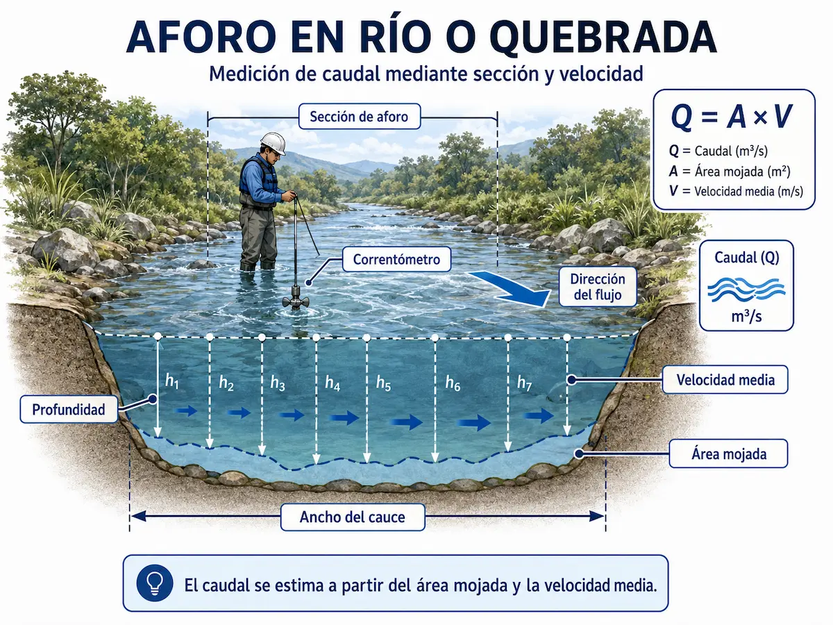Aforo de un río o quebrada mediante sección transversal, profundidades, correntómetro y velocidad del agua