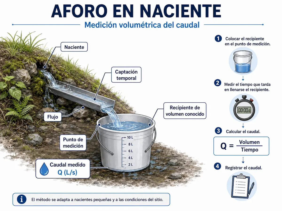 Aforo volumétrico de una naciente mediante recipiente de volumen conocido y medición del tiempo de llenado