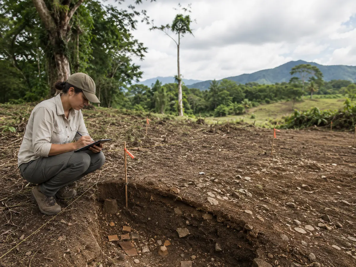 Profesional realizando una inspección arqueológica preventiva en un terreno