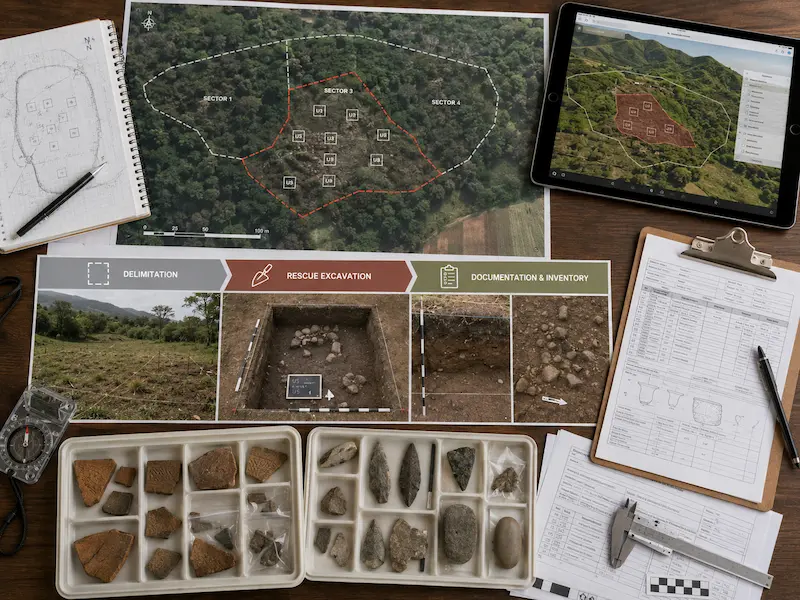 Mesa de trabajo con mapa arqueológico, sectores de rescate, registros e inventario