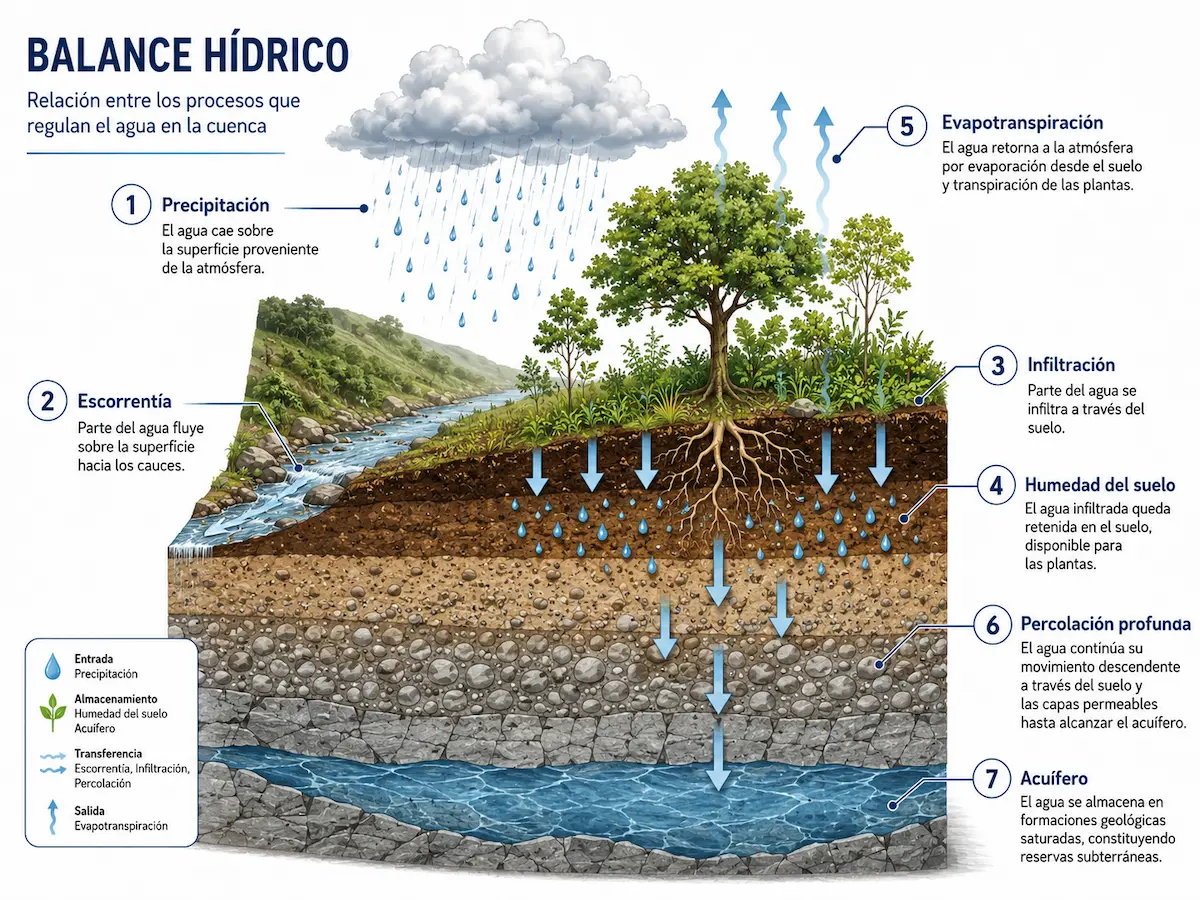 Infografía técnica del balance hídrico mostrando precipitación, escorrentía, infiltración, humedad del suelo, evapotranspiración, percolación profunda y acuífero