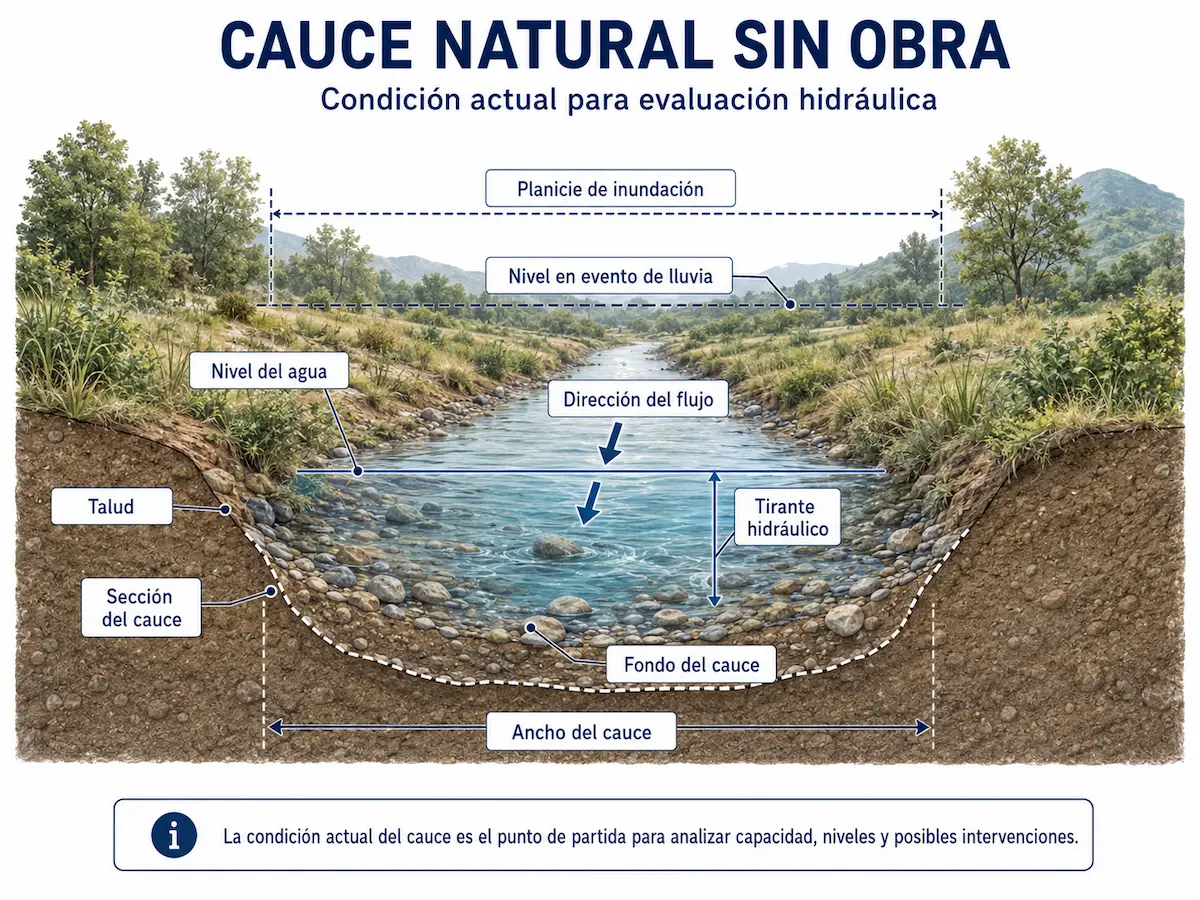 Cauce natural sin obra mostrando sección, nivel del agua, tirante hidráulico, fondo del cauce y dirección del flujo
