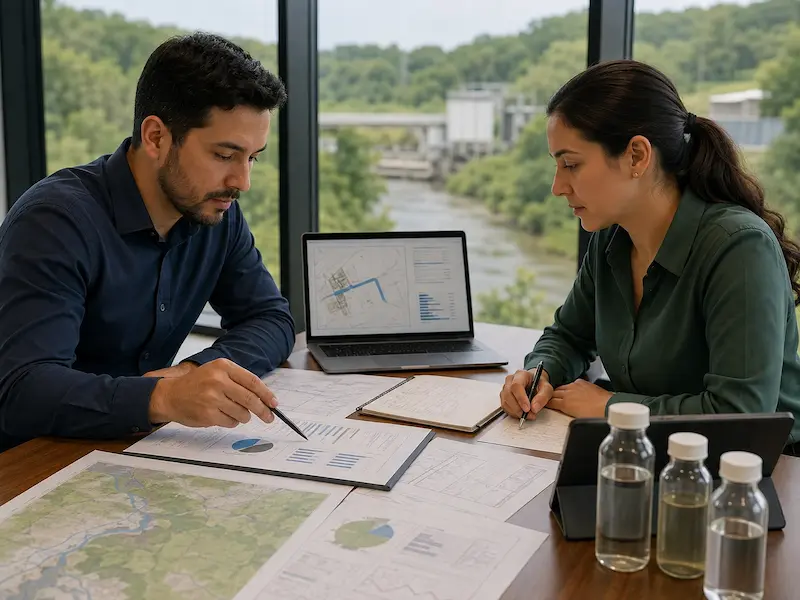 Profesionales analizando información de aguas residuales, cartografía, caudales y documentación técnica