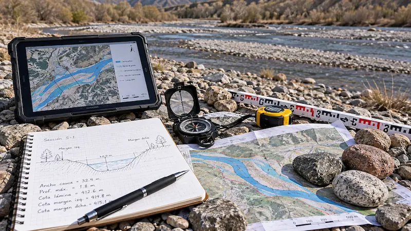 Análisis técnico de un cauce de dominio público con cartografía, instrumentos de medición y caracterización de materiales