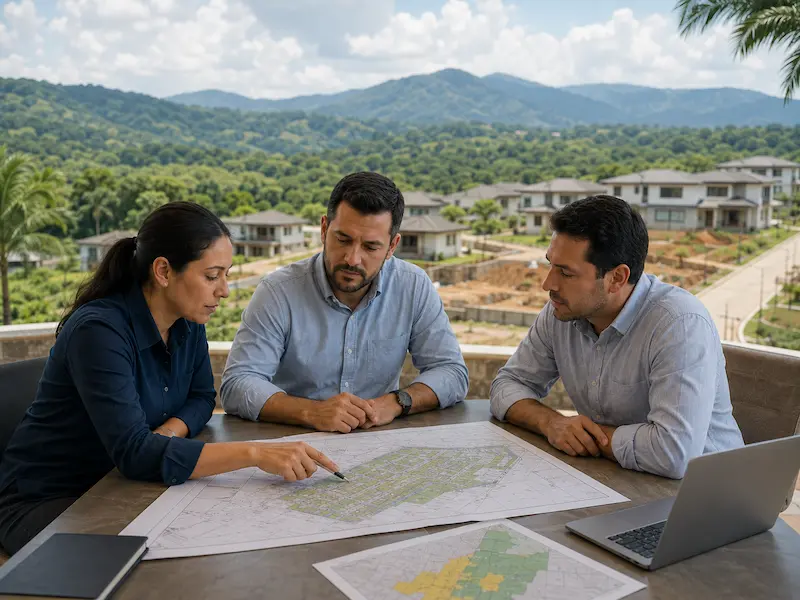 Profesionales revisando planos y características de un proyecto residencial en Costa Rica