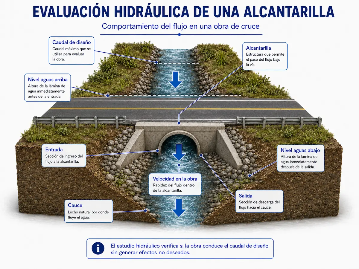 Evaluación hidráulica de una alcantarilla mostrando caudal de diseño, nivel aguas arriba, entrada, velocidad, salida y nivel aguas abajo