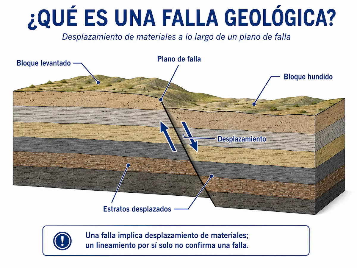 Esquema de una falla geológica mostrando plano de falla, bloques y estratos desplazados