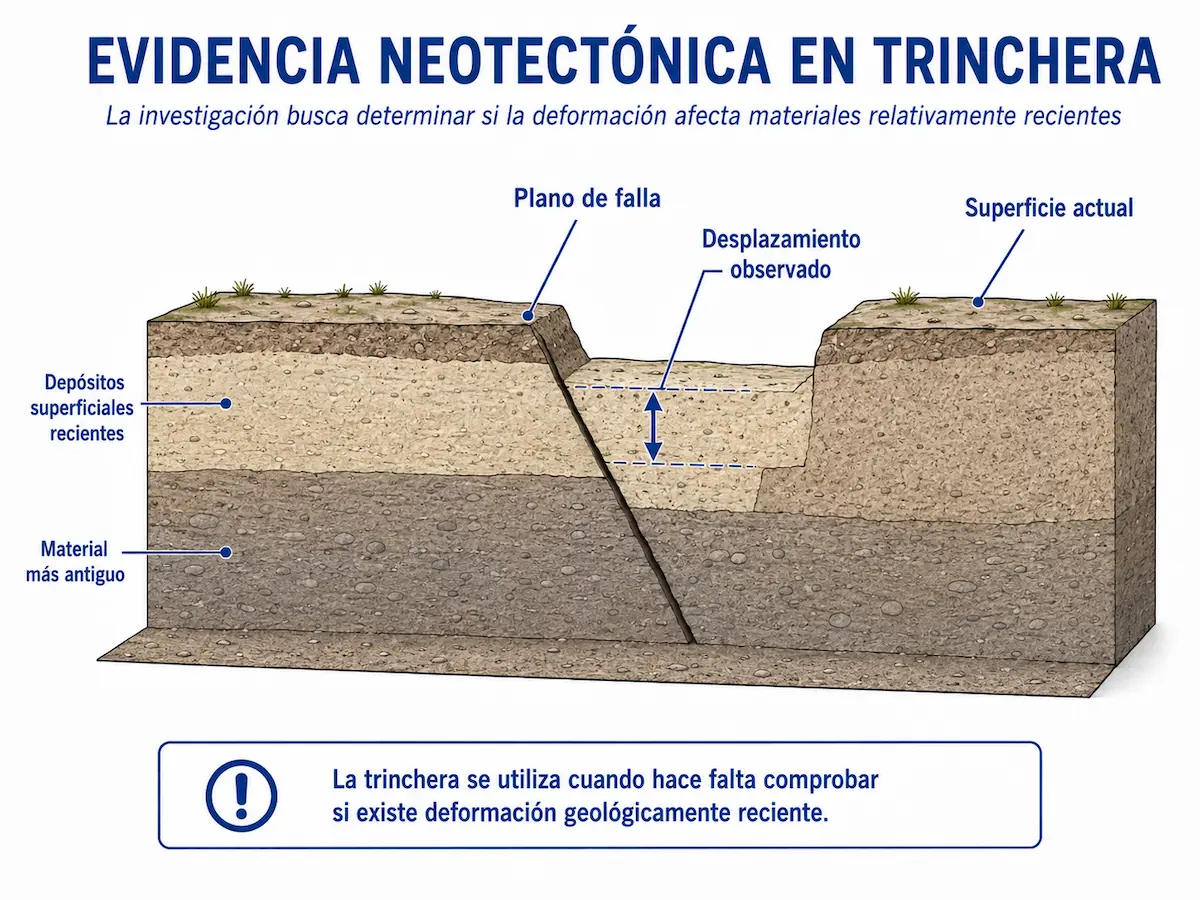 Investigación neotectónica mediante trinchera mostrando falla y desplazamiento de depósitos superficiales recientes
