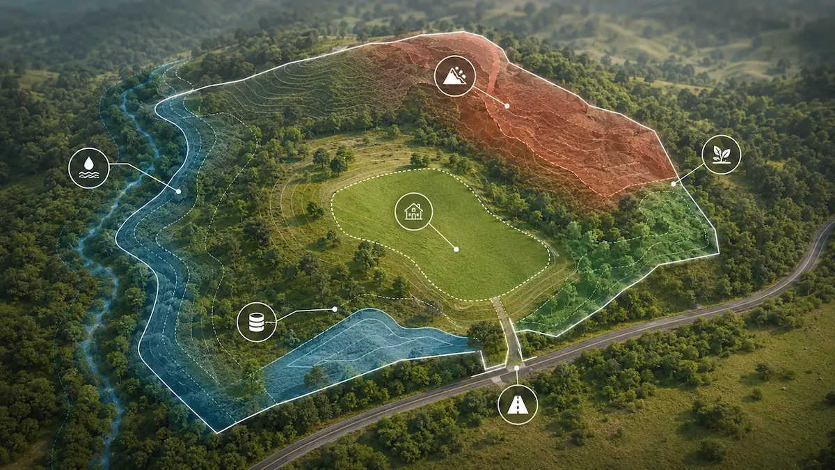Evaluación territorial conceptual de una propiedad con restricciones ambientales, amenazas, agua, accesos y área potencialmente aprovechable