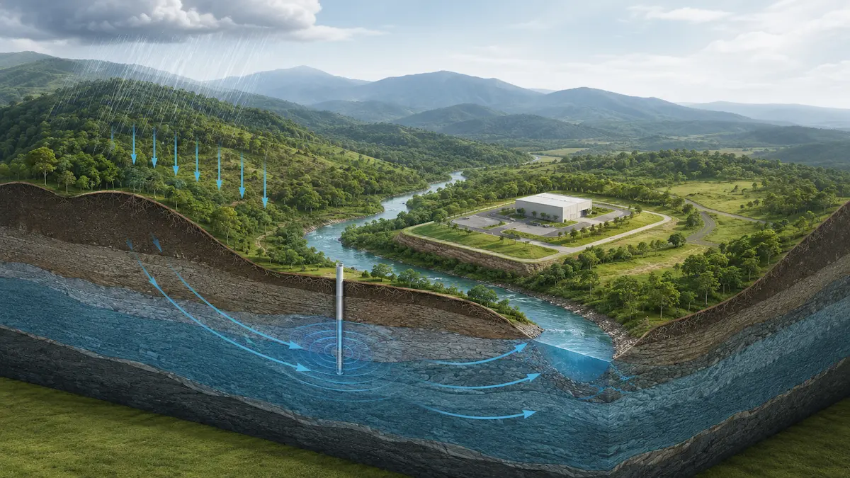 Visual conceptual de infiltración, acuífero, flujo de agua subterránea, pozo y relación con un proyecto