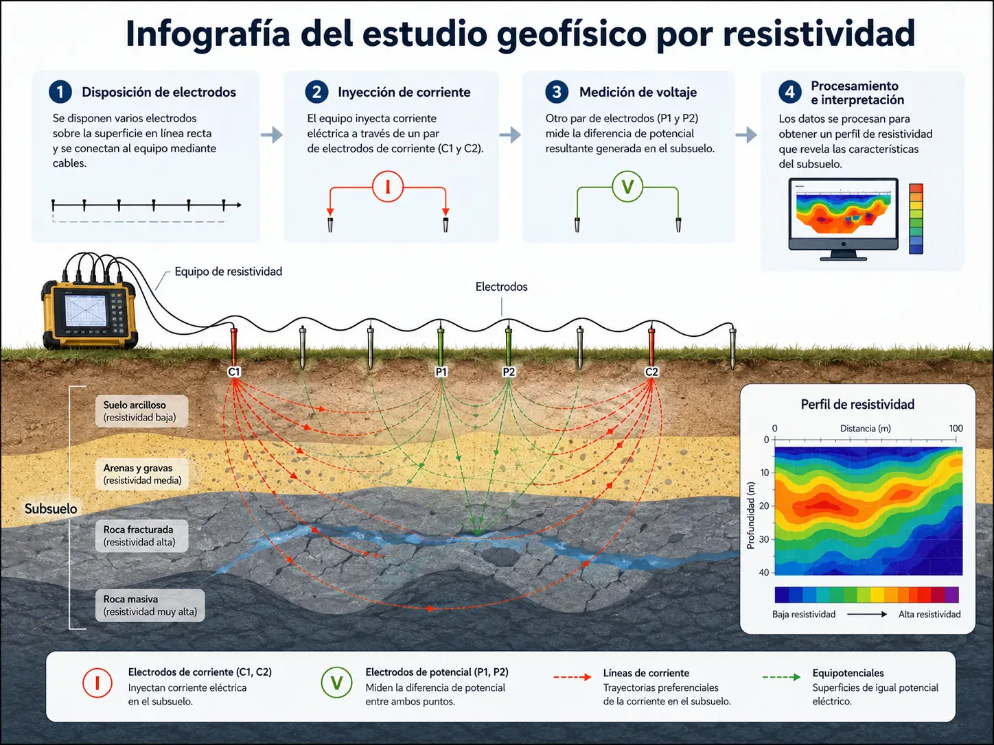 Infografía del procedimiento de un estudio geofísico por resistividad eléctrica