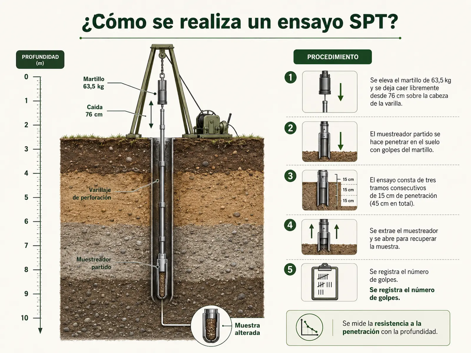 Infografía del procedimiento del ensayo SPT