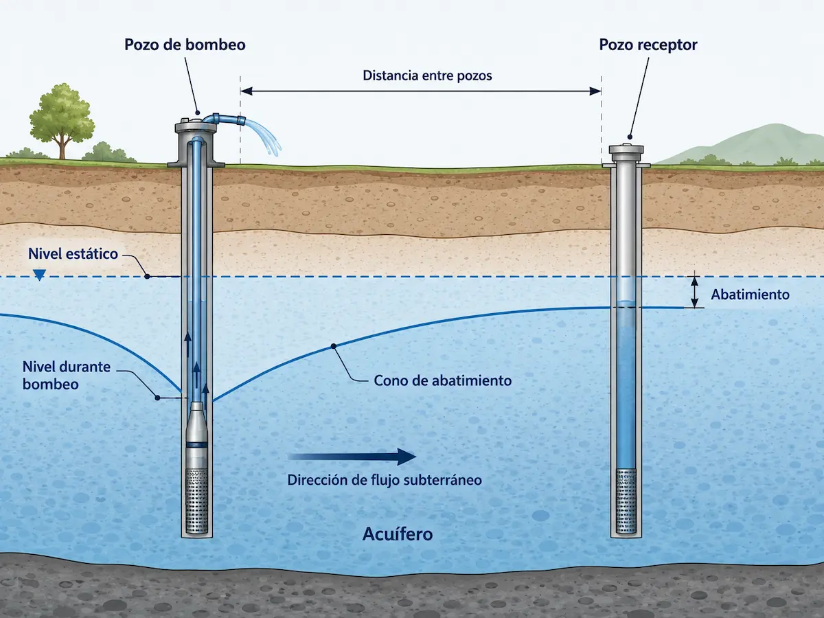 Diagrama técnico de interferencia entre un pozo de bombeo y un pozo receptor