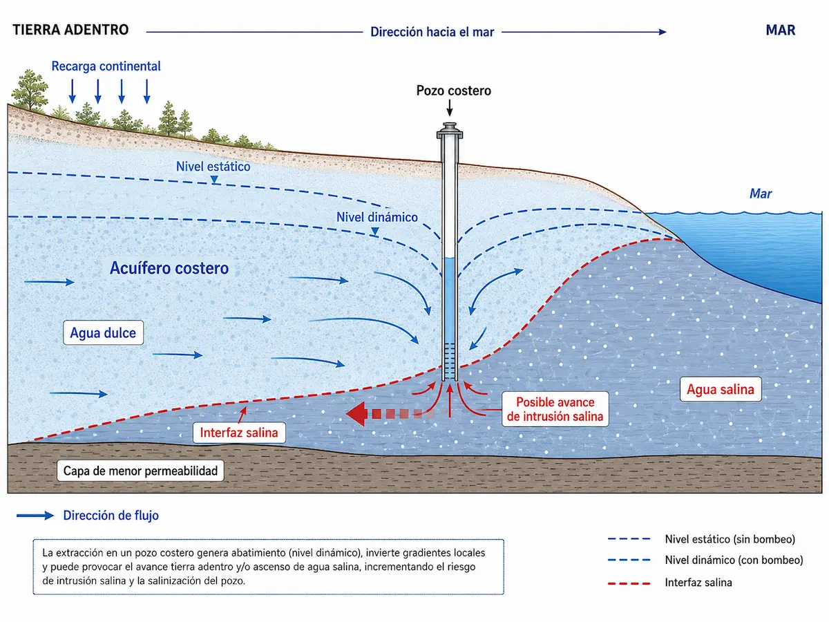 Esquema técnico de un acuífero costero con agua dulce, interfaz salina, pozo y posible avance de intrusión salina