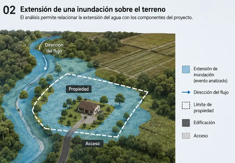 Extensión de una inundación sobre una propiedad mostrando cauce, flujo, edificación y acceso