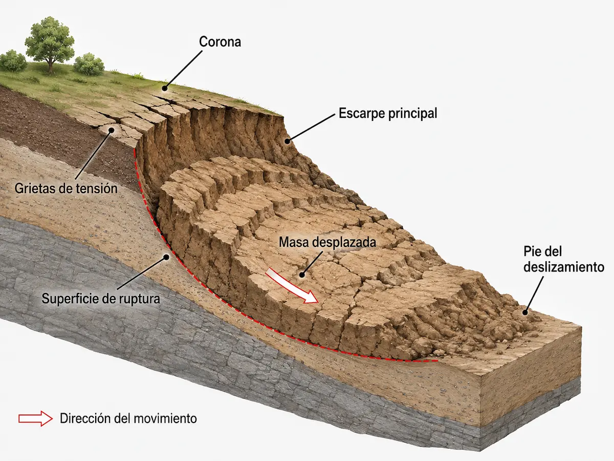 Anatomía de un movimiento en masa con corona, escarpe, superficie de ruptura y masa desplazada