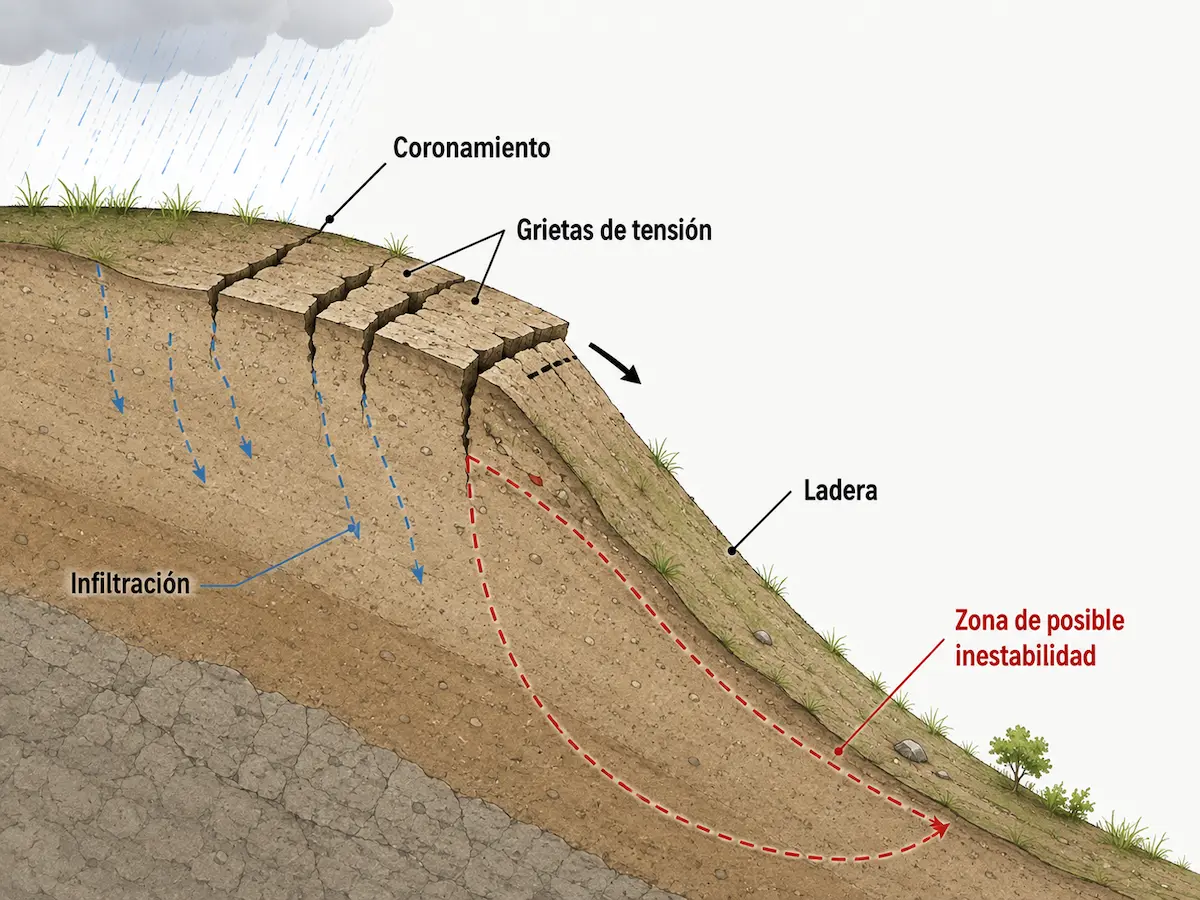 Ladera con grietas de tensión, infiltración y zona de posible inestabilidad