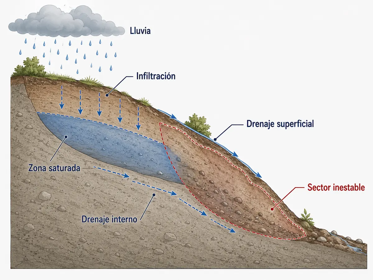Influencia de lluvia, infiltración, drenaje superficial y agua interna sobre una ladera