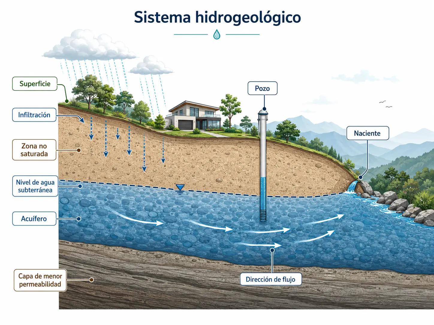 Modelo conceptual de un sistema hidrogeológico con acuífero, nivel de agua subterránea, pozo, naciente y dirección de flujo