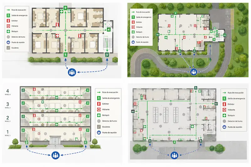 Croquis de evacuación para distintos tipos de establecimientos