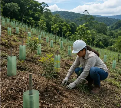 Revegetación con árboles jóvenes como parte de una medida de restauración ambiental