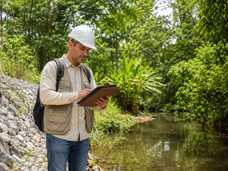 Inspectora revisando un canal de drenaje revegetado como parte del cierre ambiental
