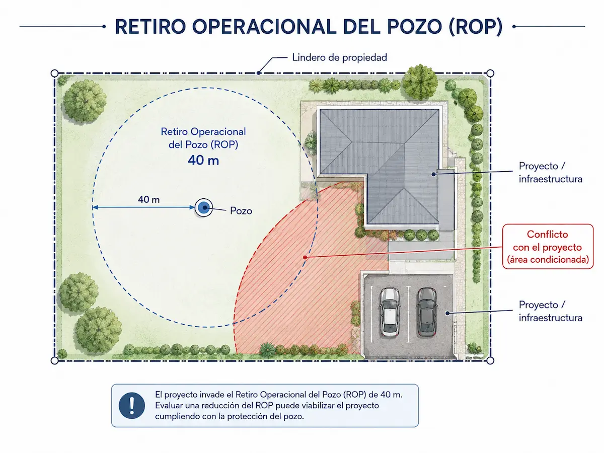 Plano conceptual del Retiro Operacional del Pozo de 40 metros y su posible conflicto con un proyecto