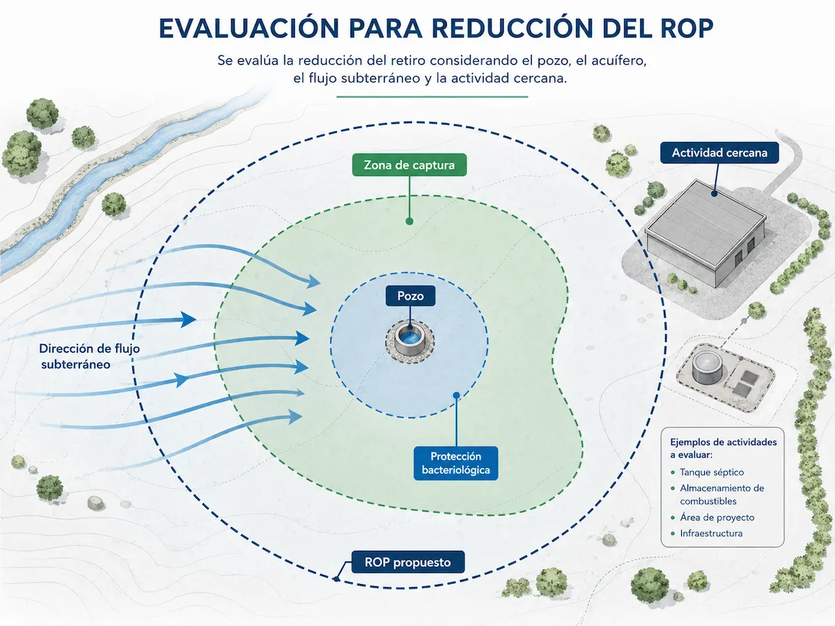 Esquema conceptual de evaluación hidrogeológica para reducción del ROP con pozo, flujo subterráneo, zona de captura y actividad cercana