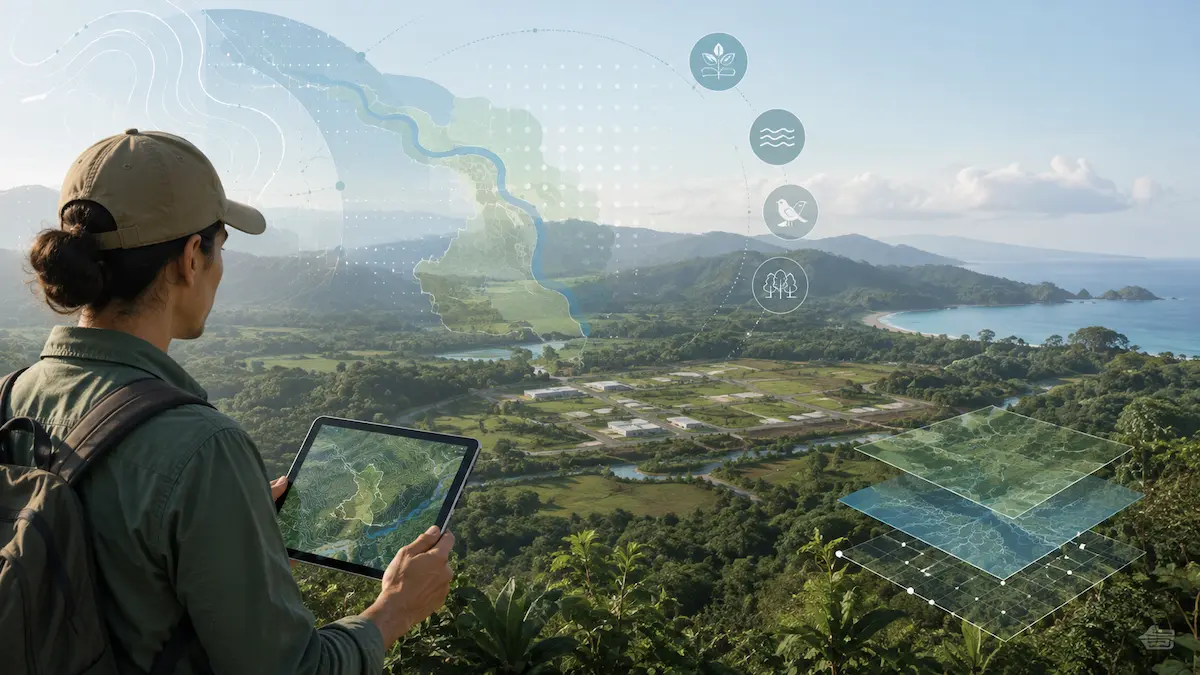 Profesional de Geo Costa Rica utilizando cartografía digital y Sistemas de Información Geográfica durante una evaluación territorial
