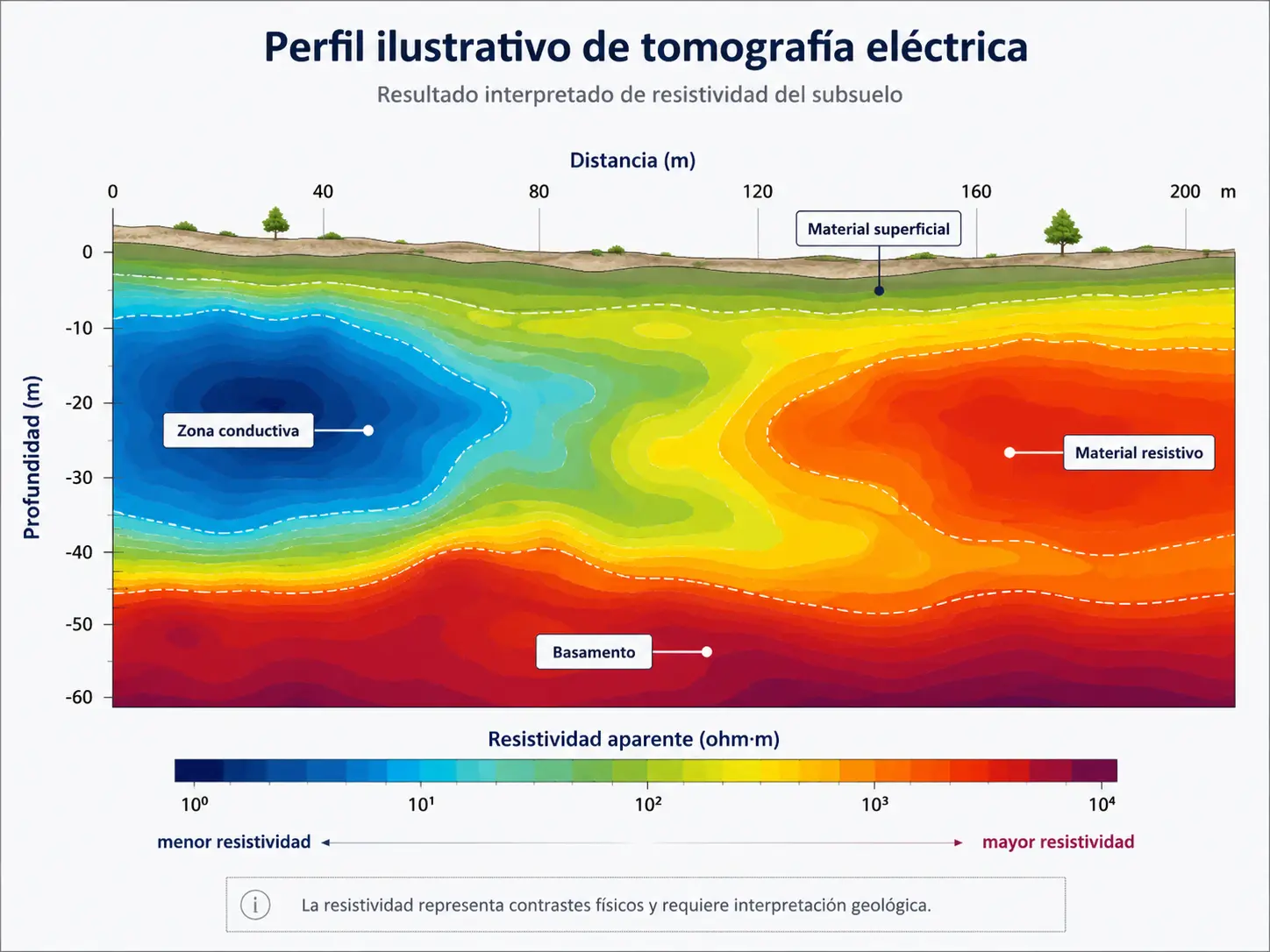 Perfil ilustrativo interpretado de tomografía eléctrica y resistividad del subsuelo