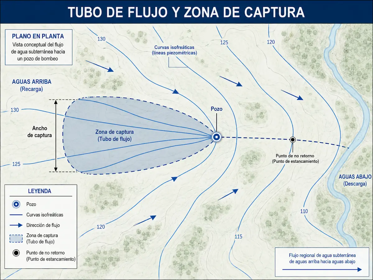 Plano conceptual de tubo de flujo y zona de captura hacia un pozo con curvas isofreáticas, dirección de flujo y punto de no retorno