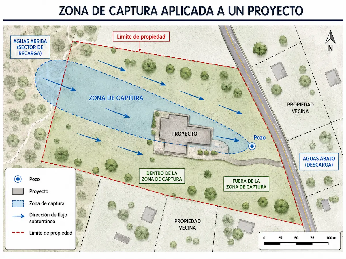 Mapa técnico de zona de captura y dirección del flujo de agua subterránea aplicado a una propiedad