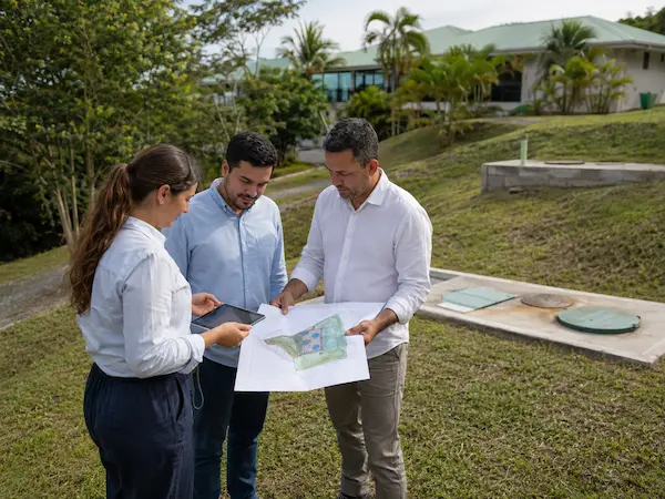 Profesionales revisando en campo la ubicación propuesta de un sistema de tratamiento de aguas residuales