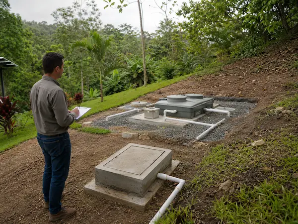 Inspección técnica de un sistema de tratamiento de aguas residuales y las condiciones del terreno