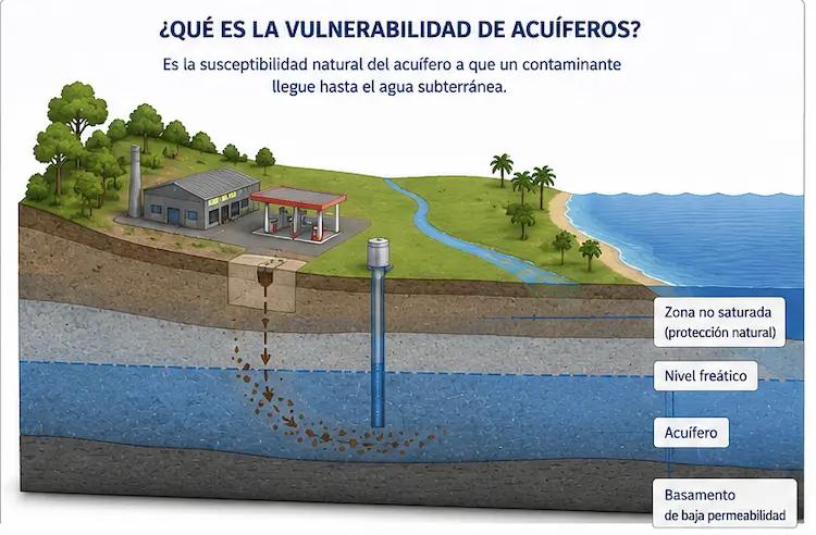 Esquema de vulnerabilidad de un acuífero mostrando superficie, zona no saturada, nivel freático y agua subterránea