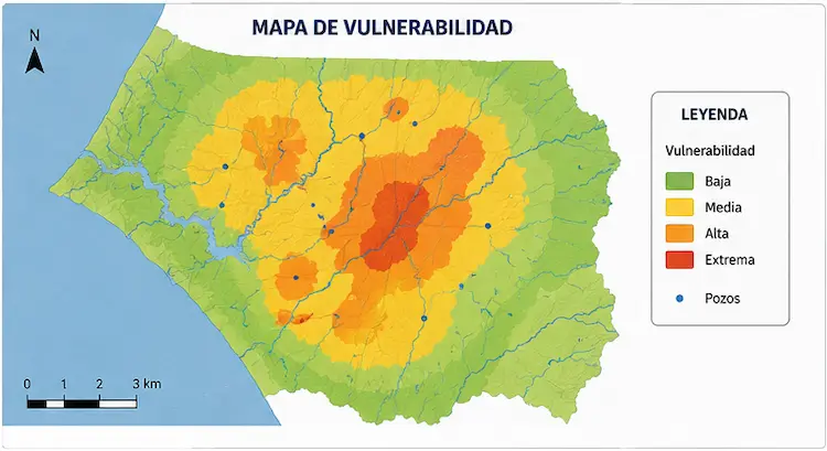Ejemplo de mapa de vulnerabilidad de acuíferos con categorías baja, media, alta y extrema